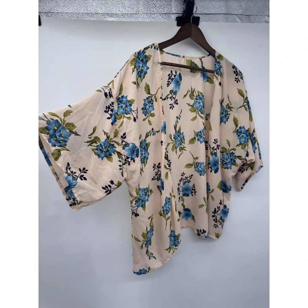 Floral Kimono Cardigan‎ Cover Up One Size peach blue floral beachy cover up